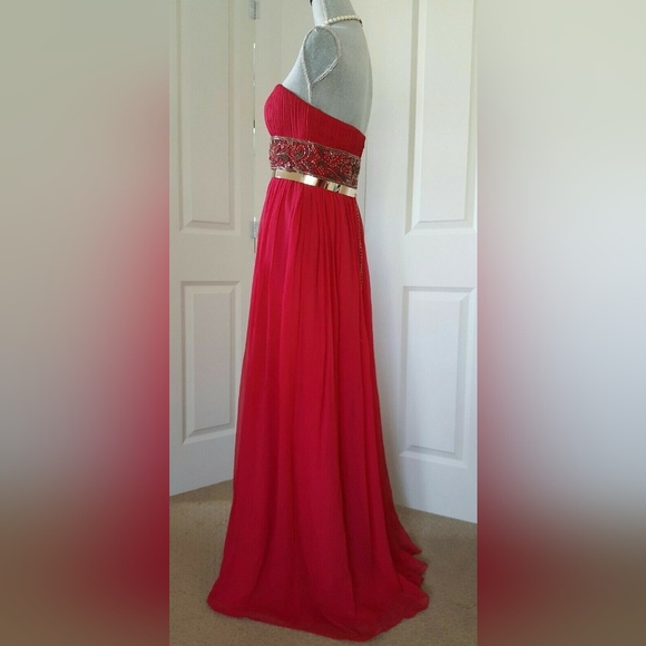 SALE🔖$395 NEW AIDAN MATTOX RUBIN RED SILK GOLD BEAD CHIFFON GOWN RUNWAY 6 M - Picture 5 of 8